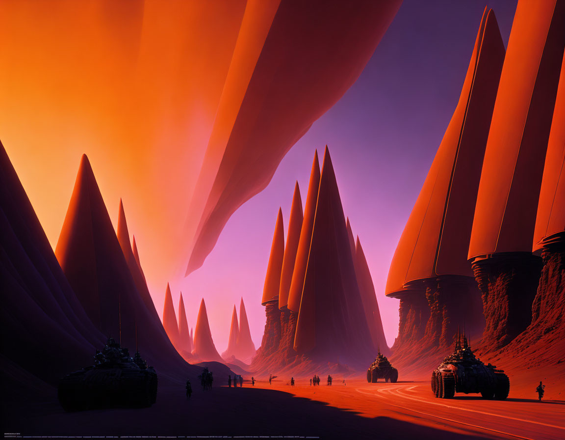 Sci-fi landscape with towering spires and purple sky.