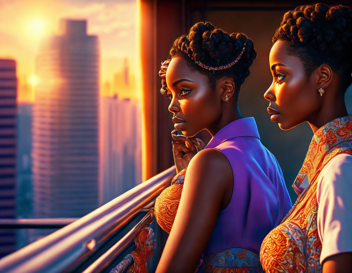 Two women with elaborate hairstyles in sunset-lit cityscape.