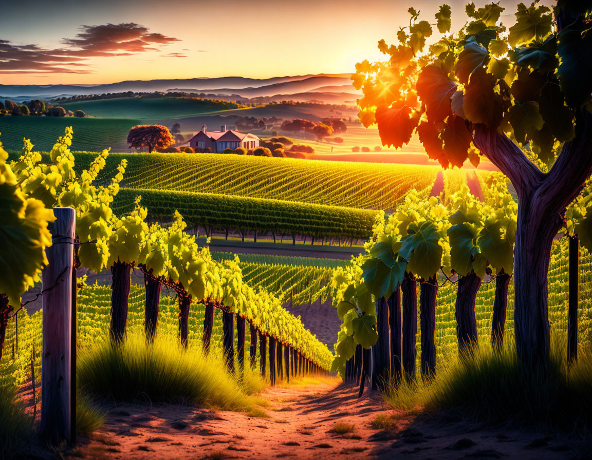 Picturesque Vineyard Sunset with Lush Vines & Rolling Hills