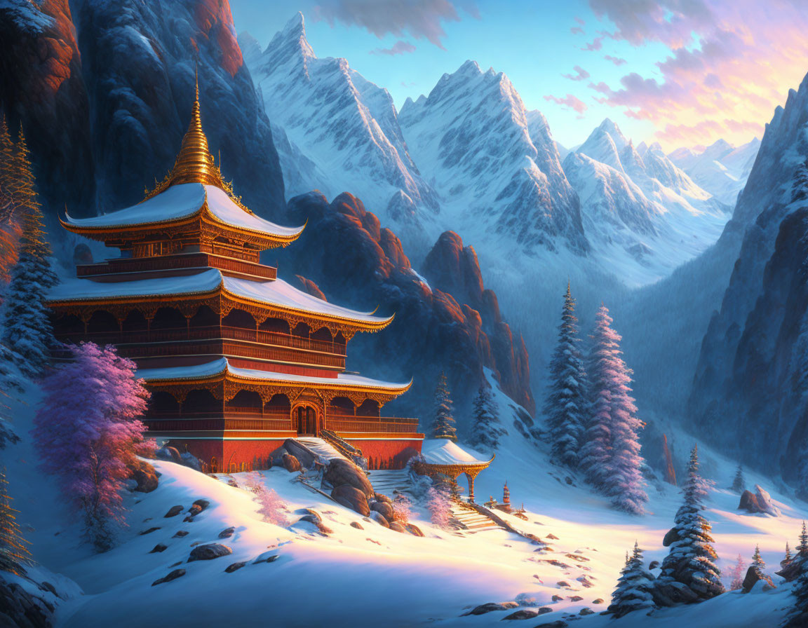 Ancient multi-tiered pagoda in snowy mountains at sunset