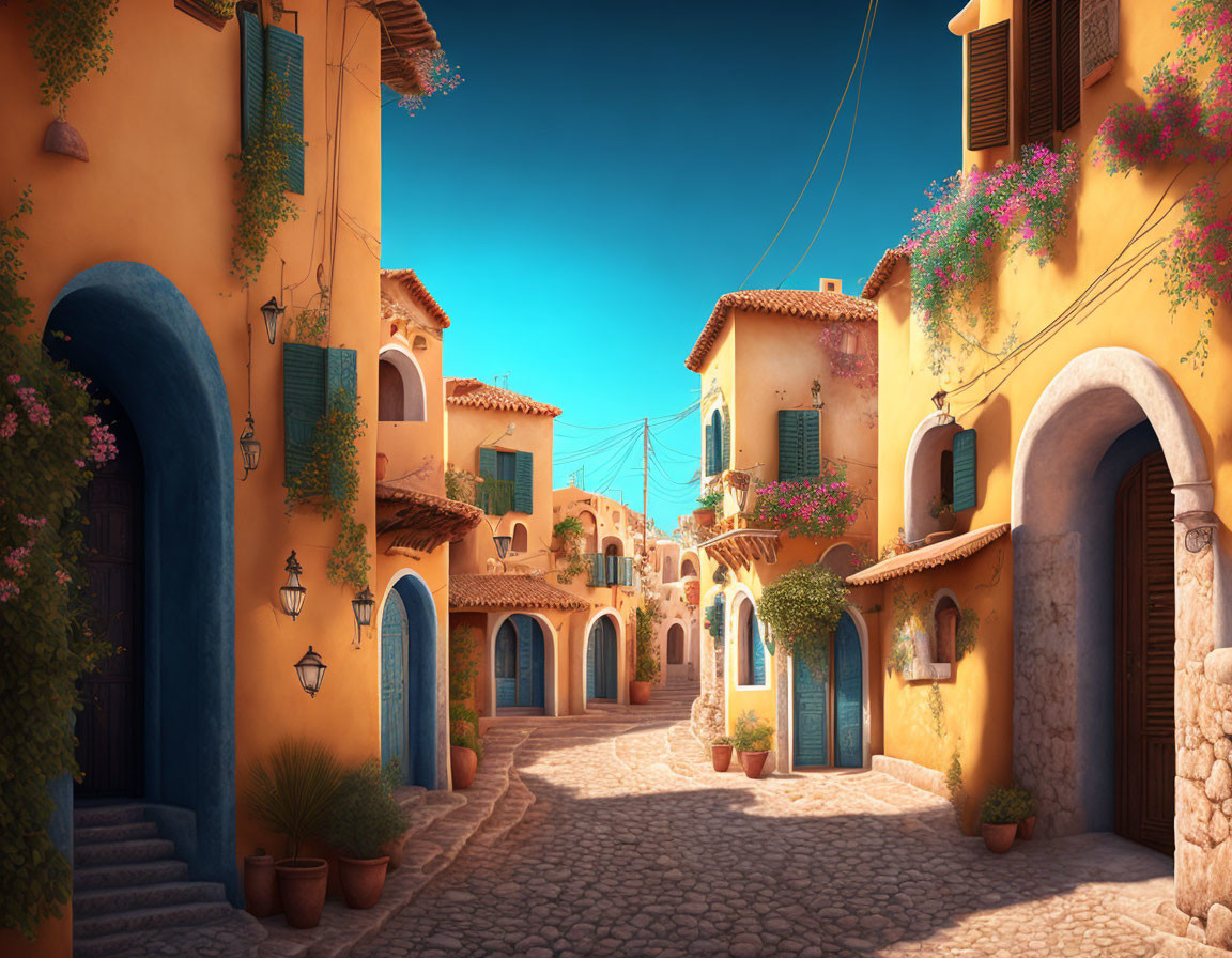 Scenic Mediterranean village street with terracotta houses and vibrant flowers