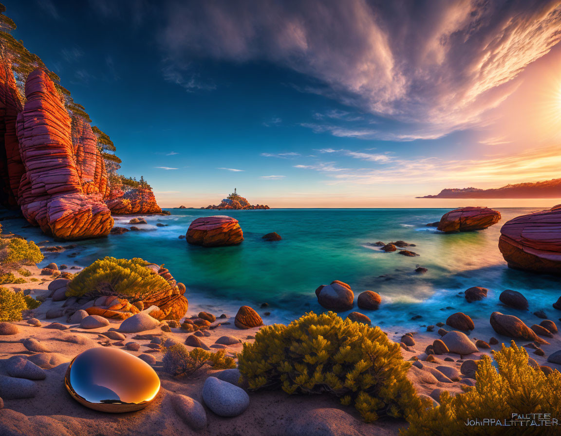 Scenic beachscape at sunset with rock formations, reflective object, and distant island.