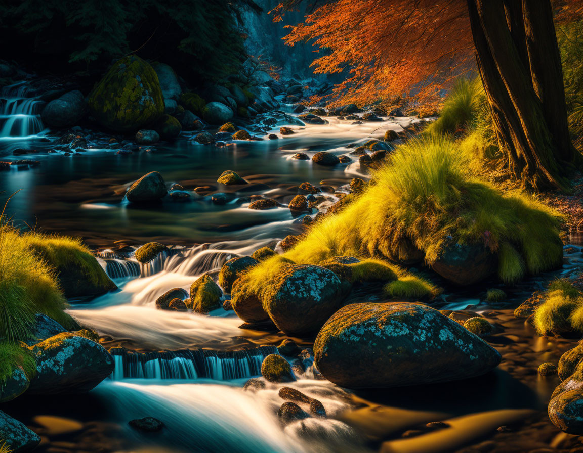 Tranquil stream with sunlight on autumn foliage