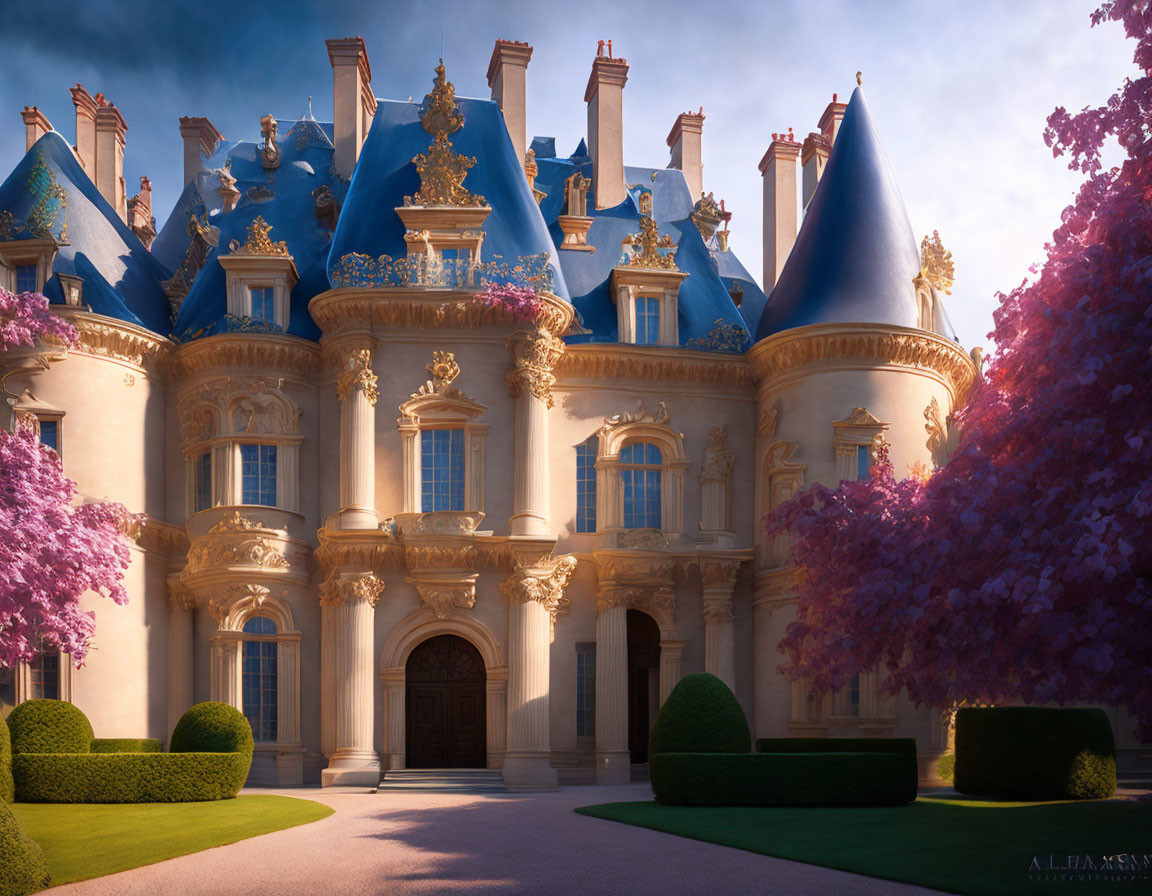 Opulent chateau with intricate façades and blue rooftops amid vibrant trees