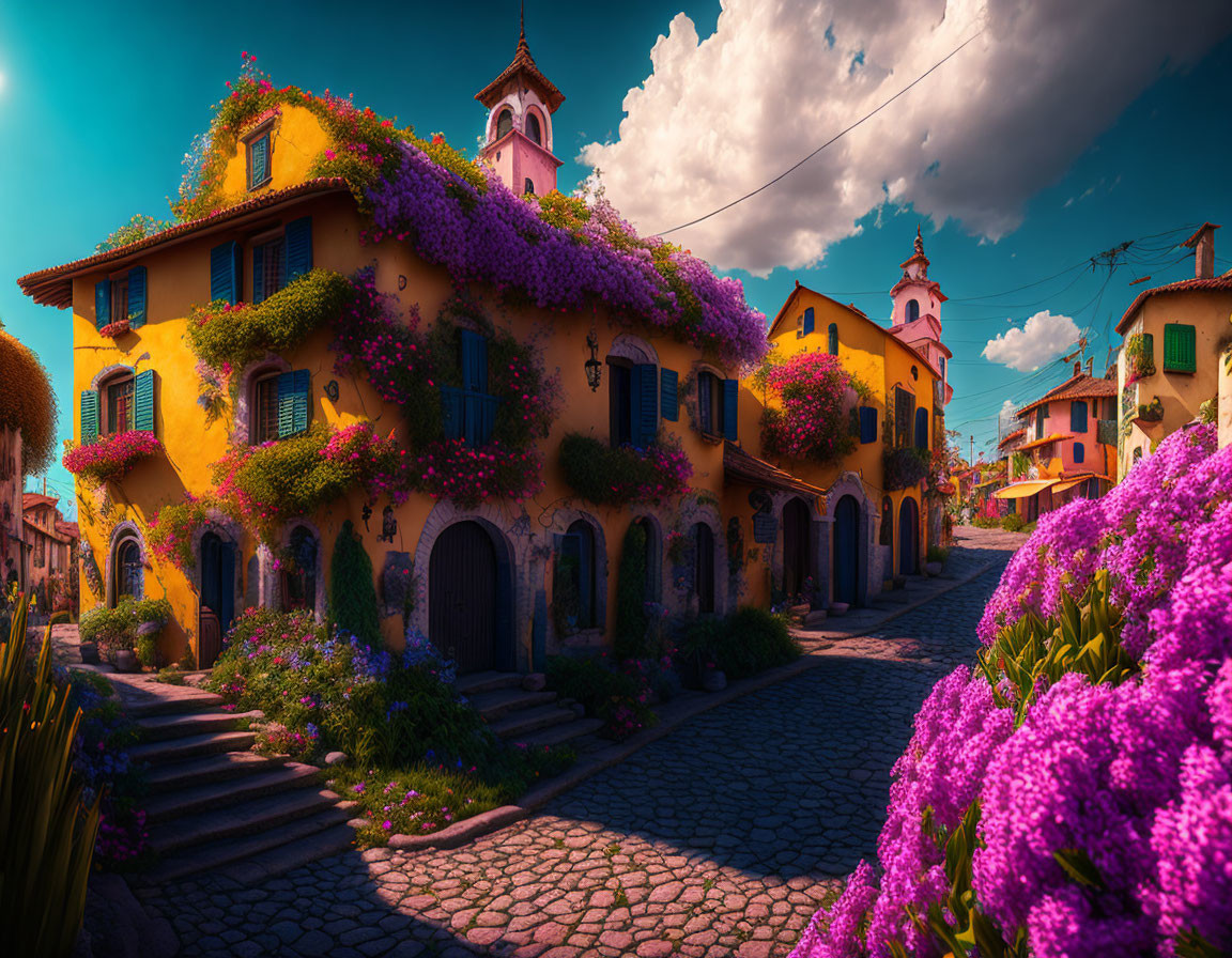 Cobblestone street with purple flowers and yellow buildings under blue sky