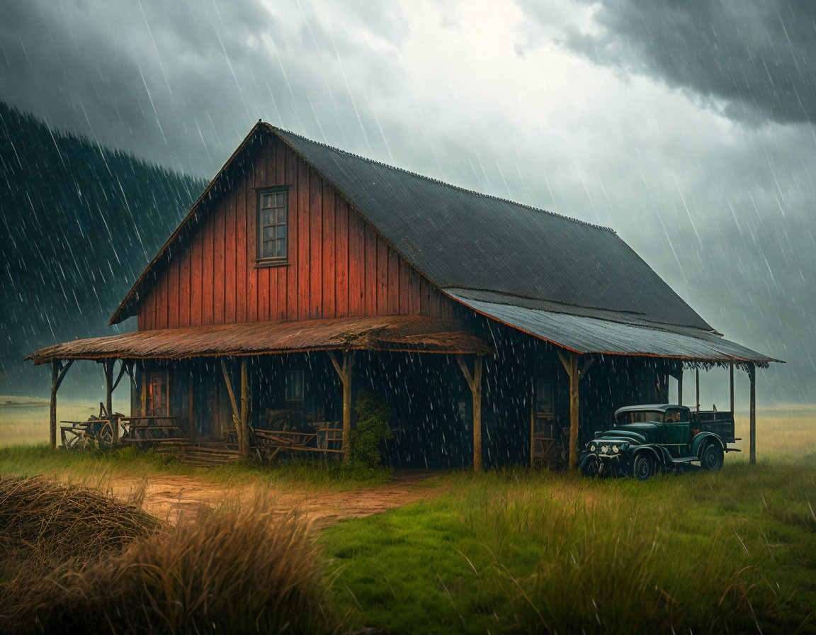 Rustic red barn with black roof in rainy field with old-fashioned car, stormy backdrop