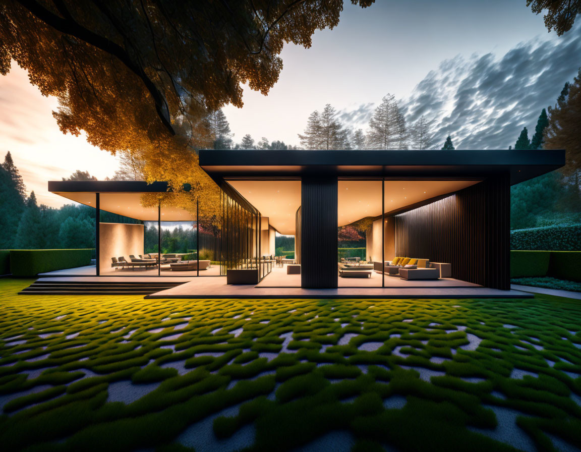 Contemporary house with flat roof, large glass windows, and tree-surrounded outdoor seating.