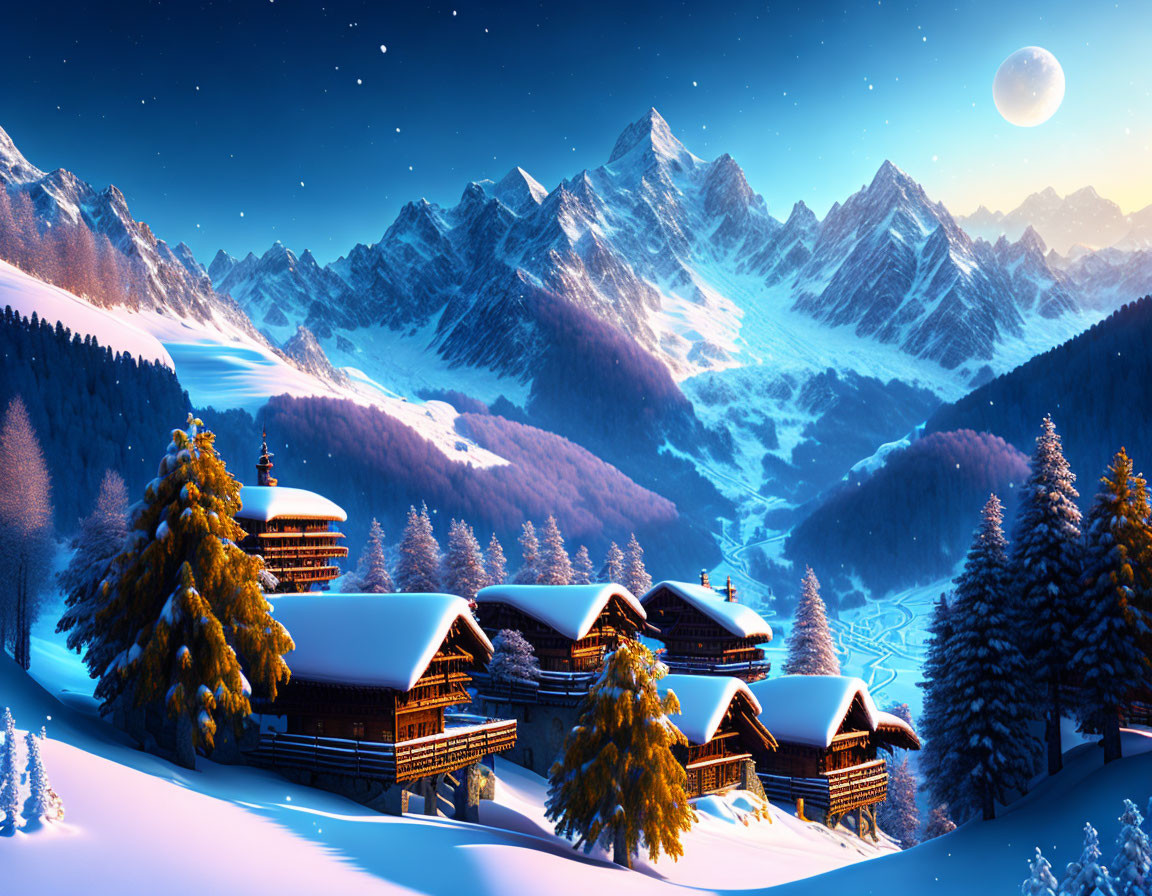 Snow-covered chalets, pine trees, mountains, and full moon in a winter night scene