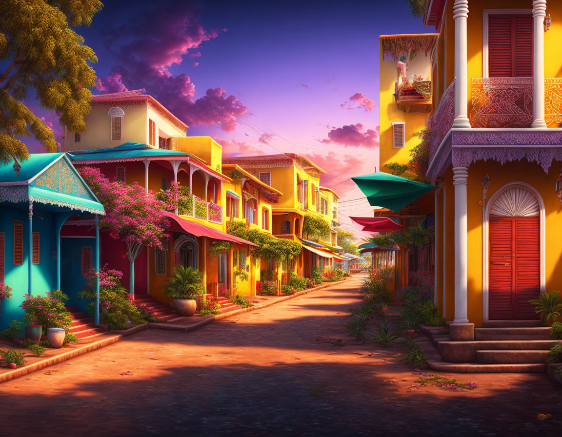 Colorful Houses and Blooming Flowers on Vibrant Dusk Street