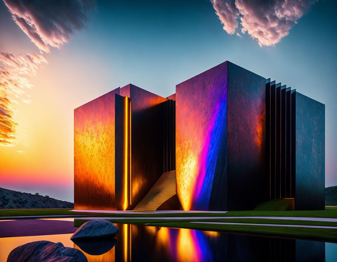 Modern building with colorful lights at sunset over water and rocks