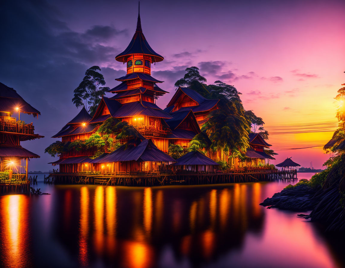 Pagoda-style building reflected in calm water at twilight