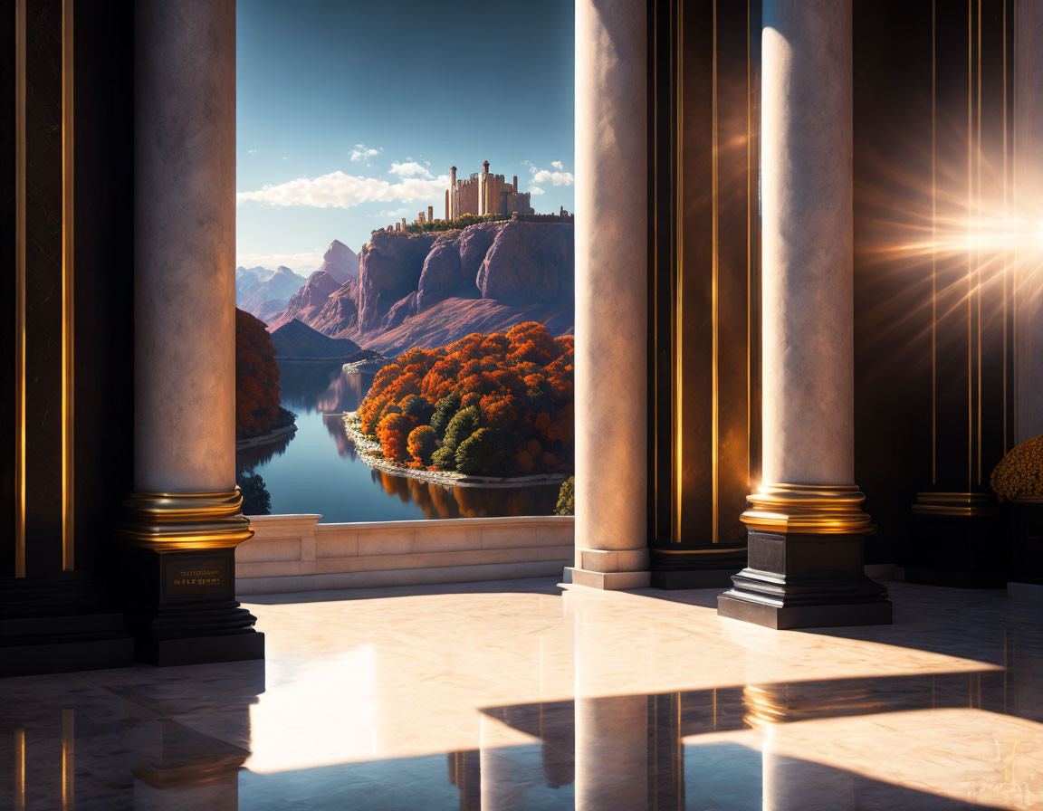 Classical building pillars view scenic landscape with castle, river, autumn trees