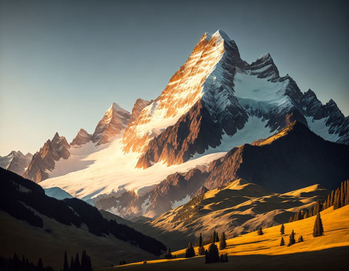 Majestic mountain peak in golden sunlight with rolling hills and sparse trees.