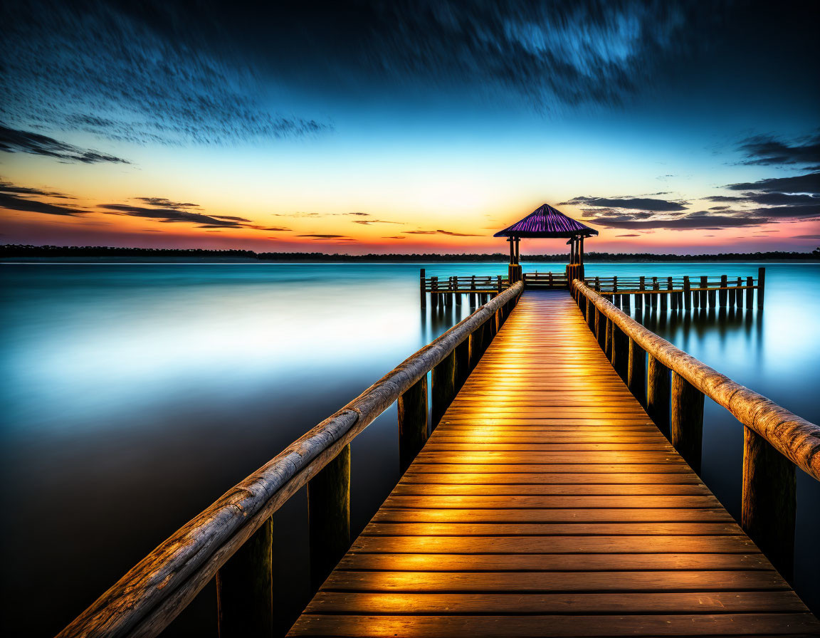 Tranquil wooden pier with gazebo under vibrant sunset sky