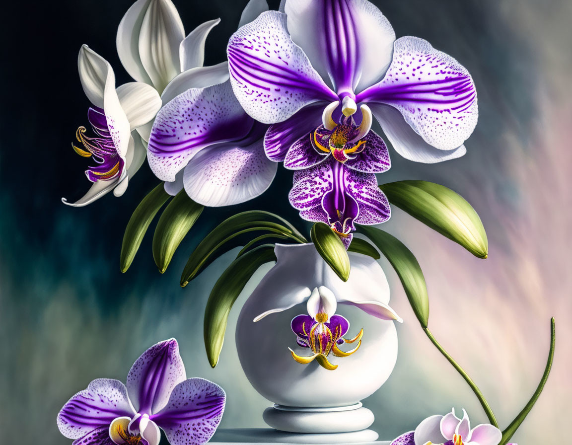 Vibrant Purple and White Orchids in White Vase on Soft Background