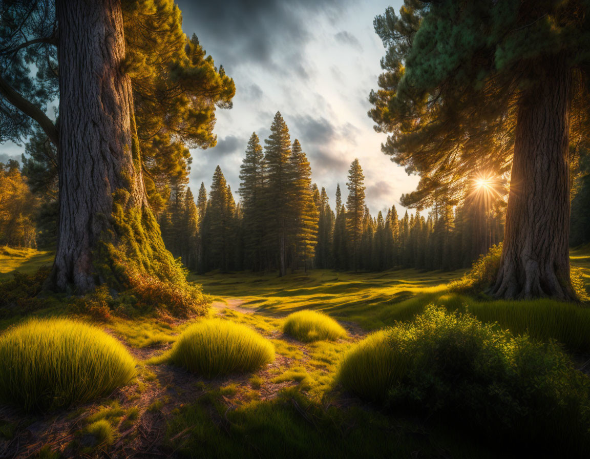 Sunlit Forest Clearing with Towering Trees and Vibrant Foliage