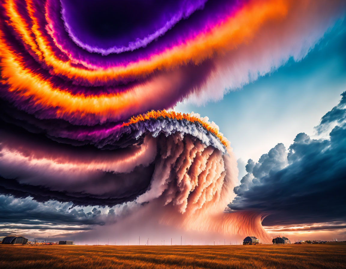 Vibrant swirling cloud formation over rural landscape