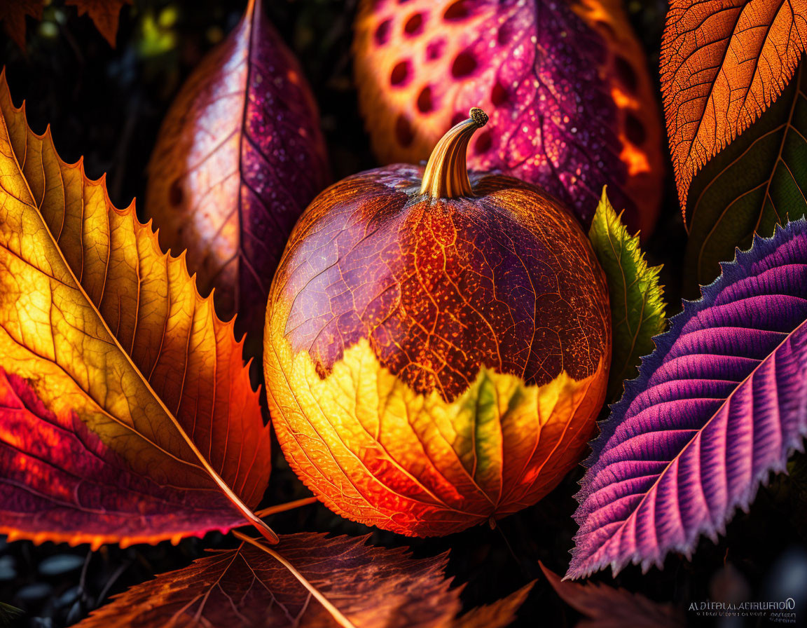 Colorful Autumn Pumpkin with Vibrant Leaves & Textured Details