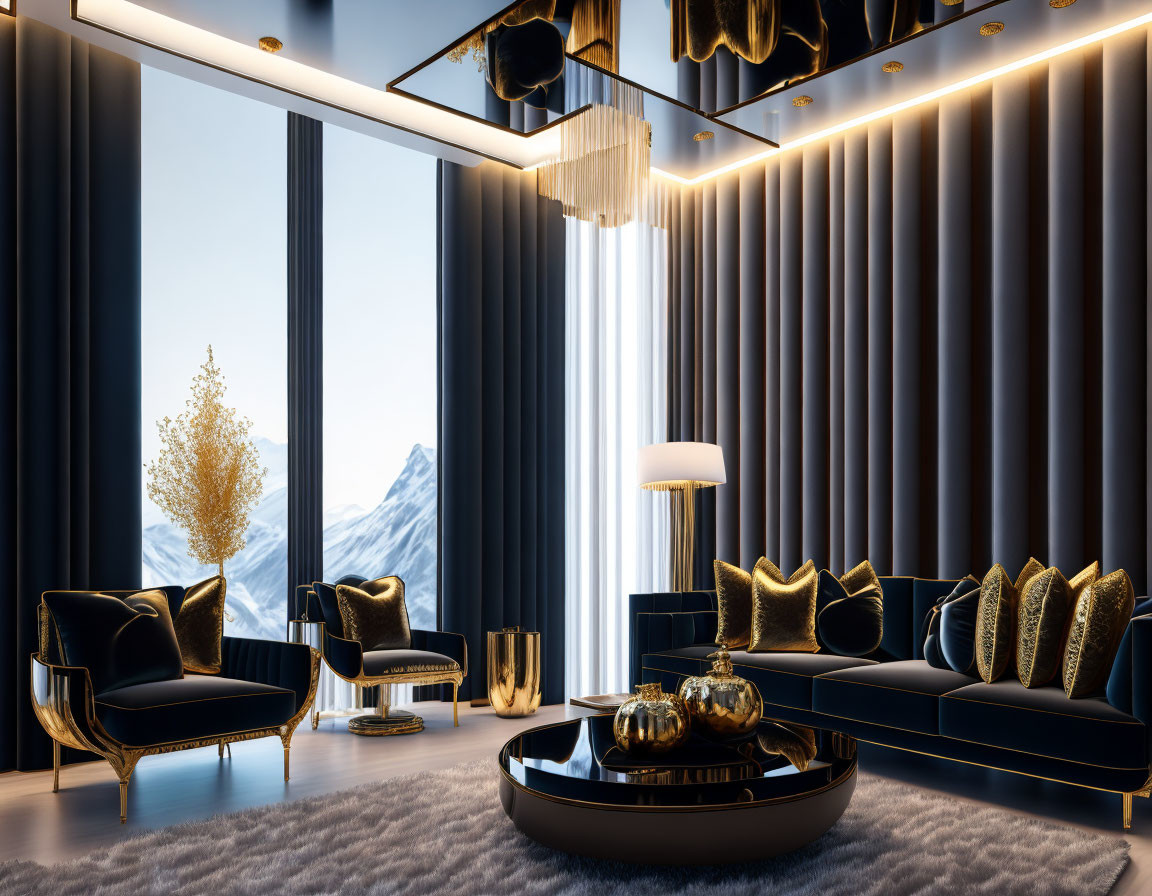 Luxurious Black and Gold Interior with Mountain Views