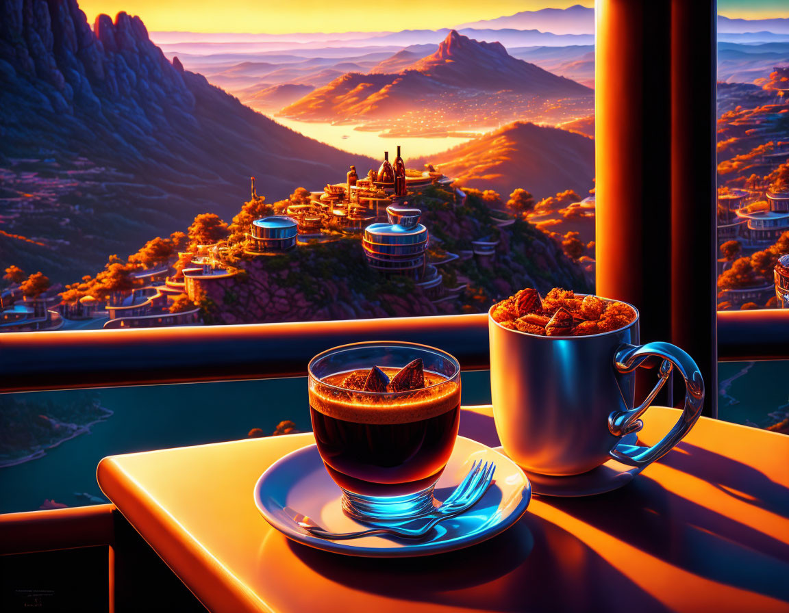 Tray with coffee, cereal, and futuristic mountain view at sunrise