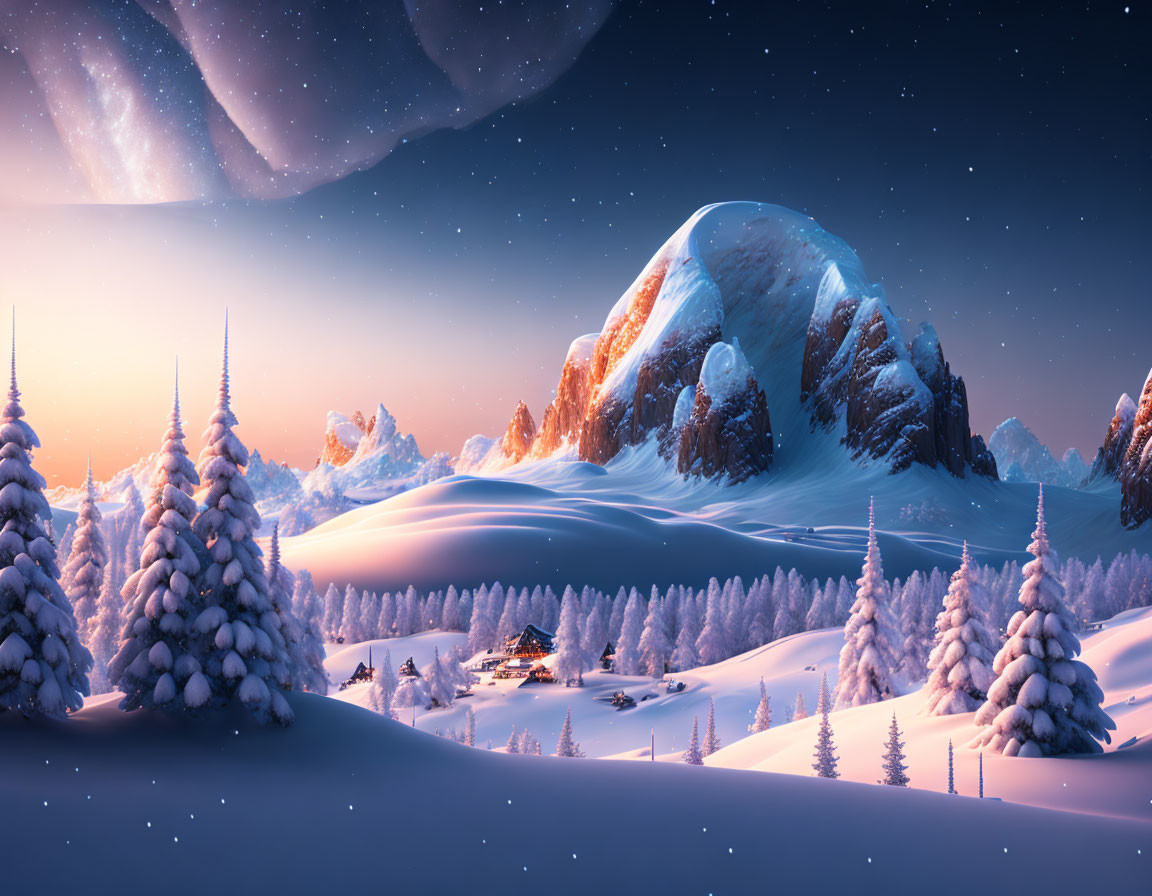 Snowy Winter Night: Village, Trees, Mountains & Starry Sky