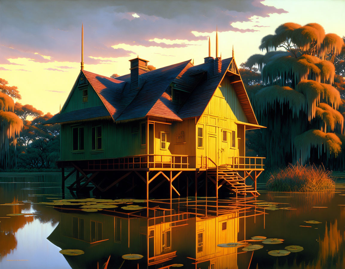 Tranquil sunset scene: Green wooden house on stilts by calm lake.