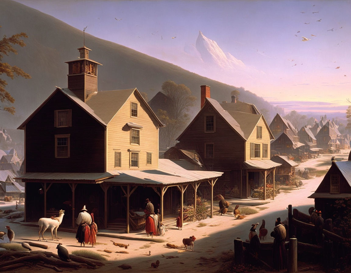 19th-Century Village Scene with Wooden Houses, People, Animals, and Mountain