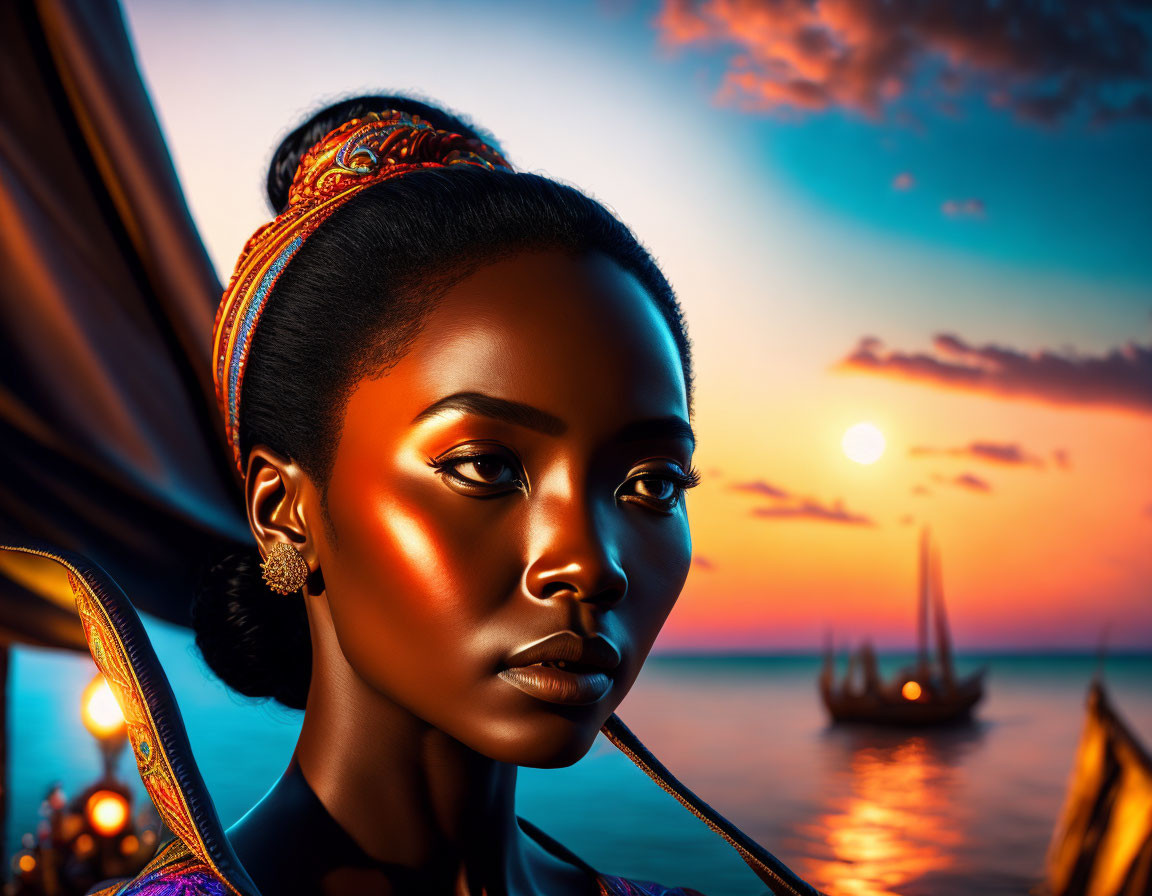 Digital art portrait of woman with rich skin tones at sunset over ocean.