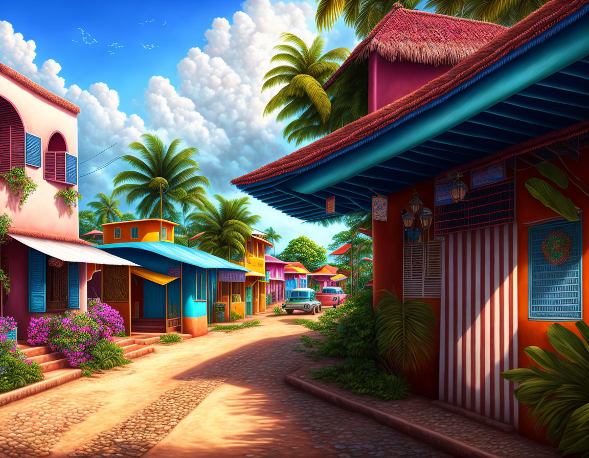 Vibrant tropical village street with colorful houses, classic car, lush greenery, and blue sky