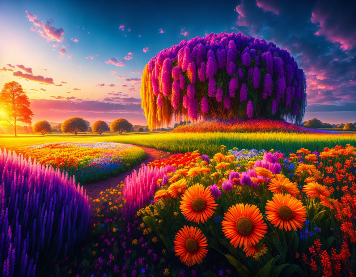 Colorful Flower Fields, Blooming Tree, and Sunset Sky