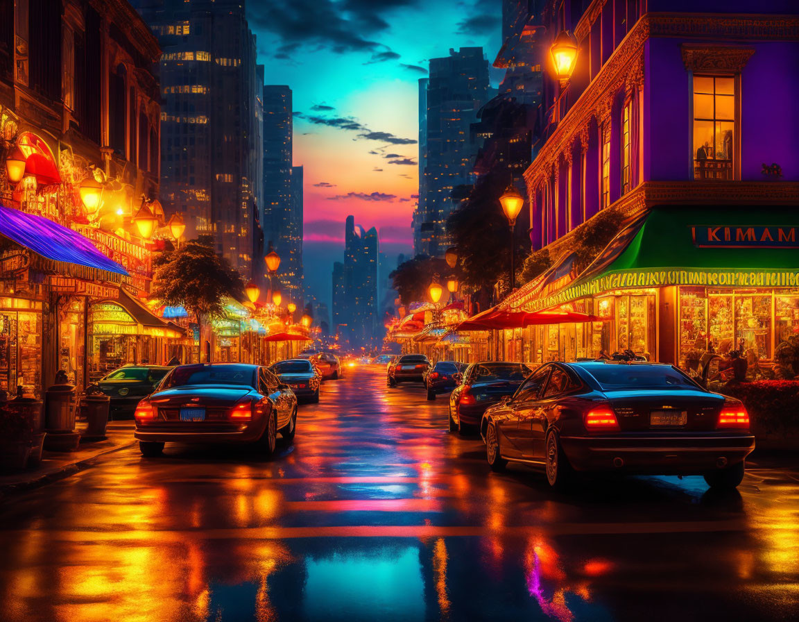 Colorful Dusk City Street with Wet Pavement & Buildings