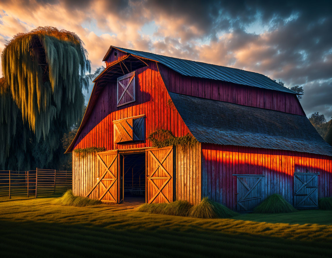 Red barn with open doors under dramatic sunset sky, rustic fence, and greenery.