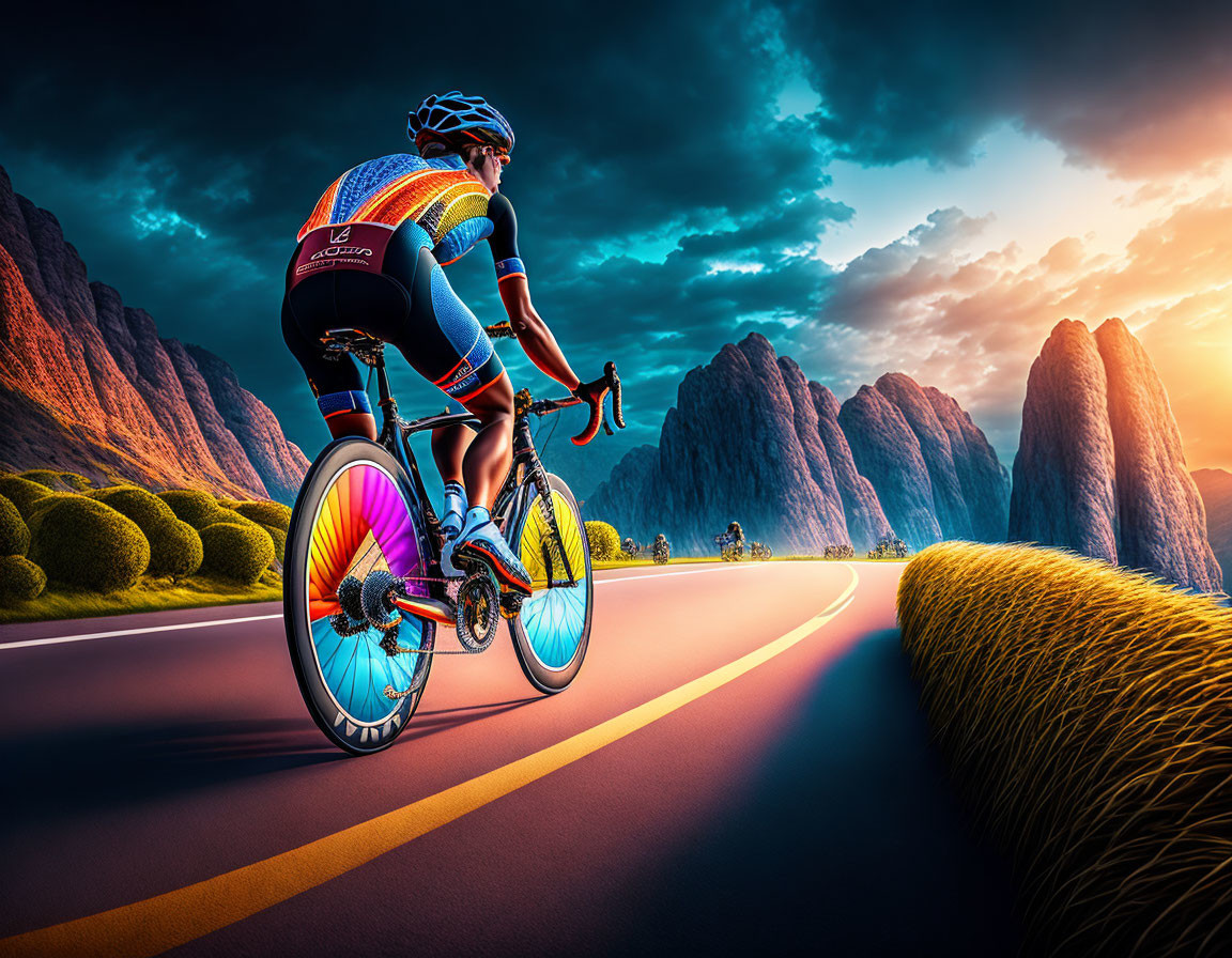 Cyclist in sporty attire on scenic road at sunset