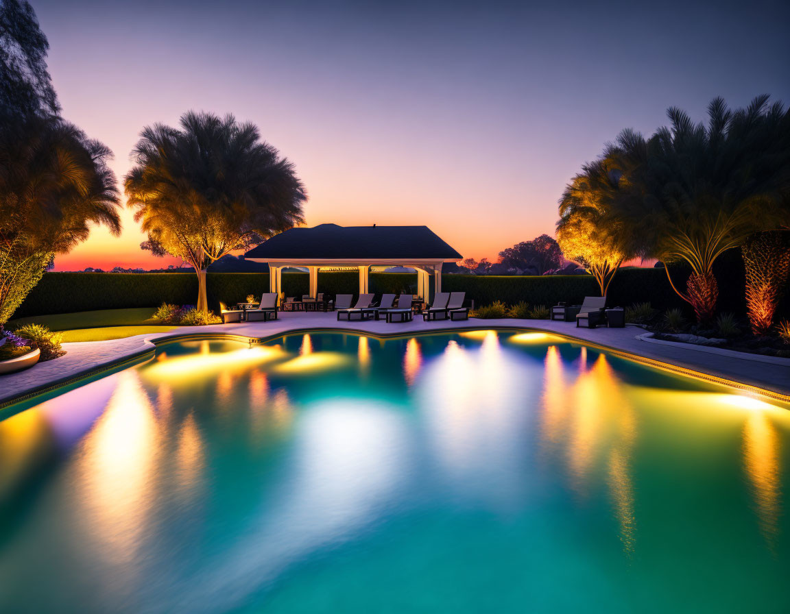 Twilight pool with illuminated water, cabana, trees, and vibrant sunset sky