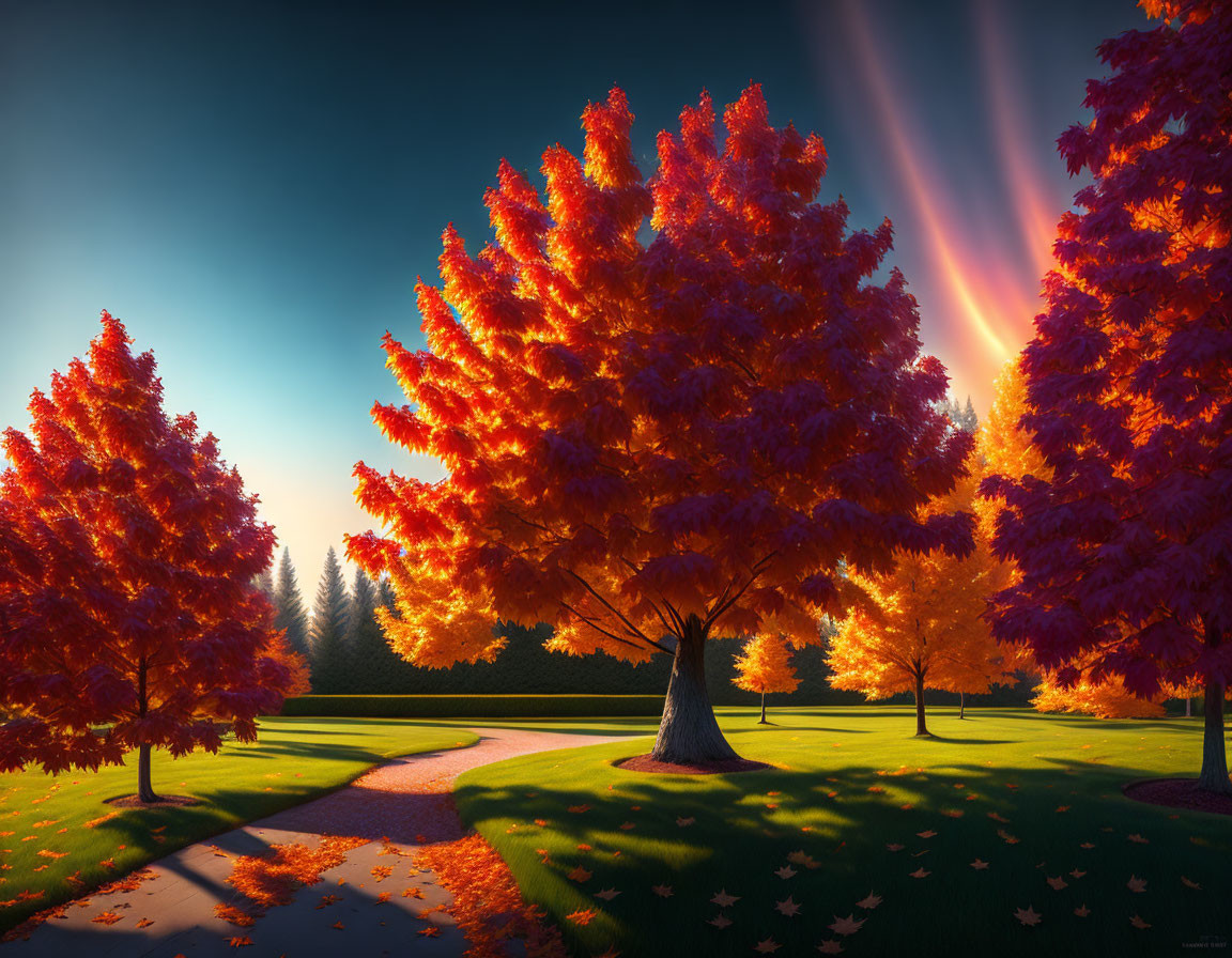 Fiery orange autumn trees casting long shadows in park path