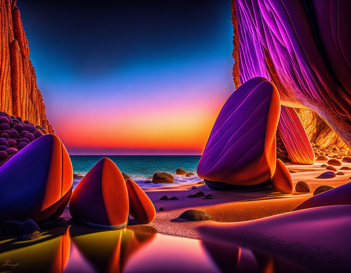 Surreal sunset beachscape with purple rocks and colorful stones