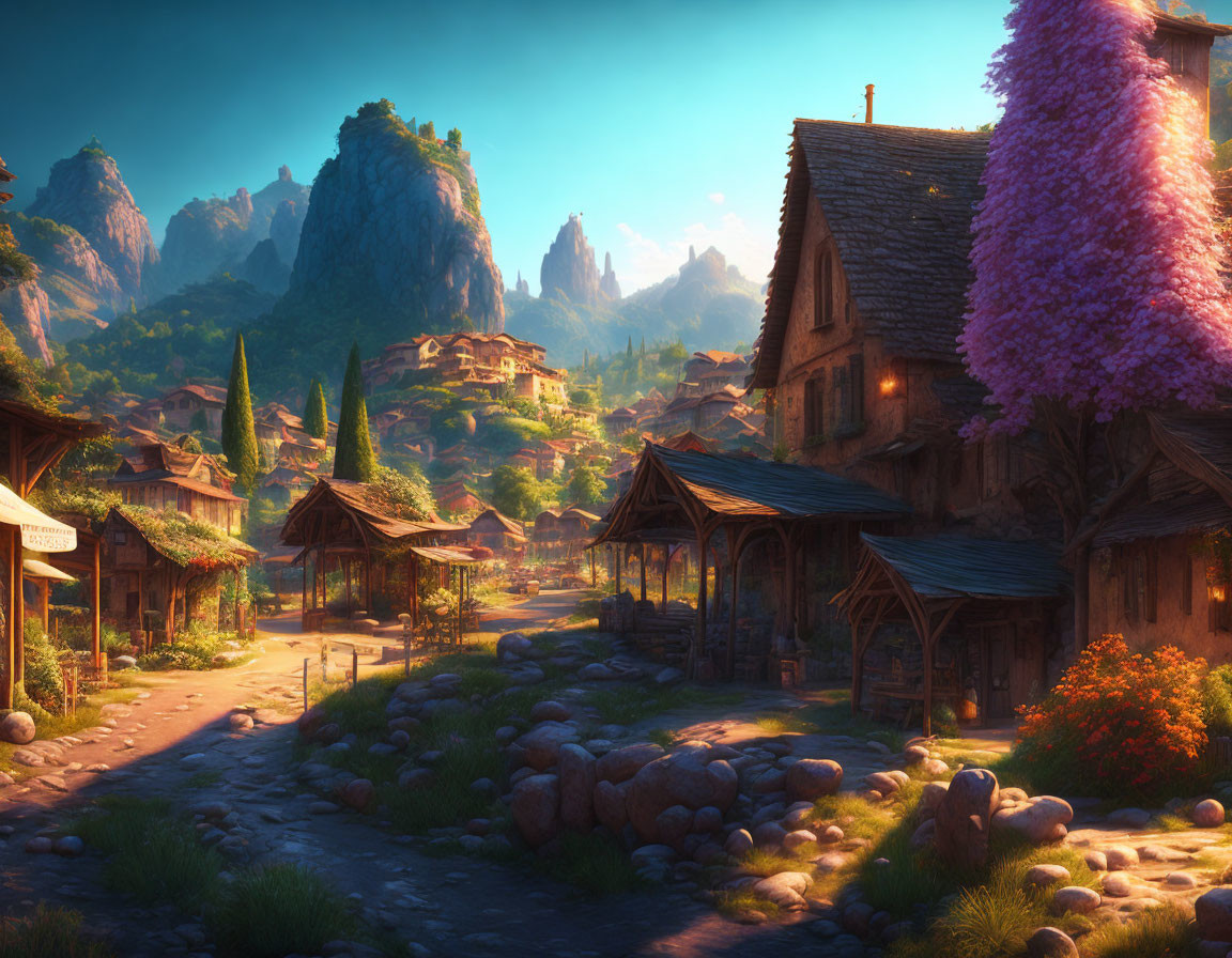 Tranquil fantasy village with thatched cottages and lush flora at sunrise