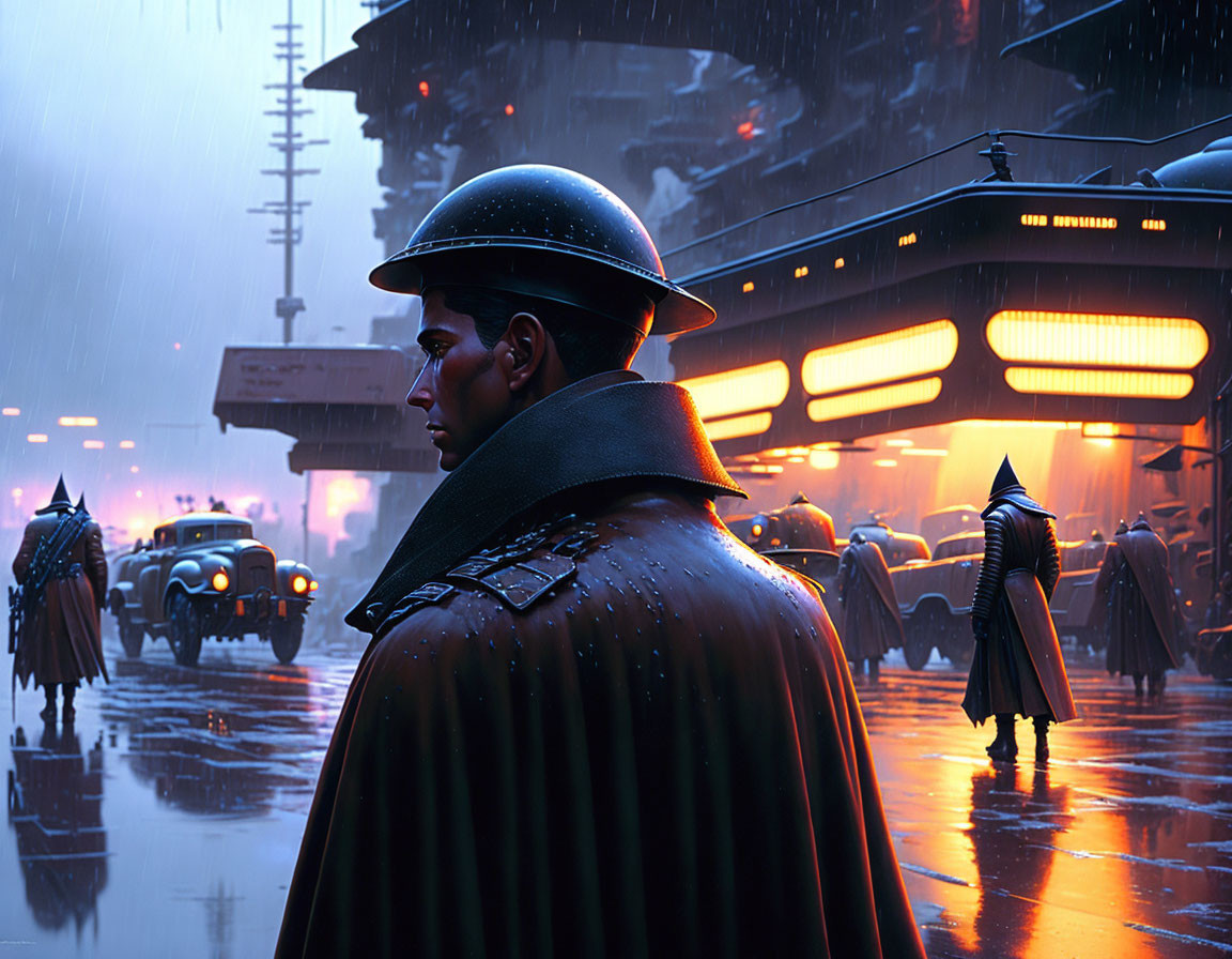 Man in trench coat and helmet in futuristic rainy cityscape with neon signs and hovering cars