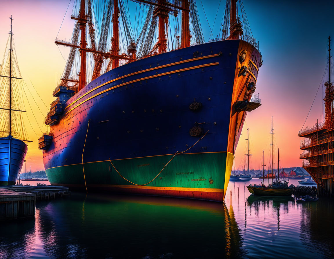 Colorful sunset over calm harbor with tall ships and warm reflections.