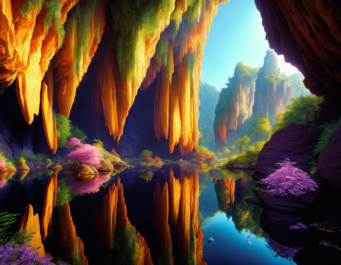 Colorful Fantasy Landscape with Stalactites, River, Flora, and Blue Sky