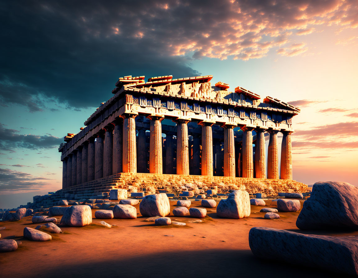 Ancient Parthenon Temple at Sunset on Acropolis of Athens