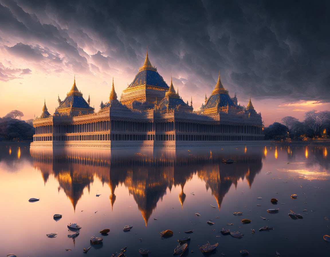 Traditional Building with Spires Reflected in Water at Sunset