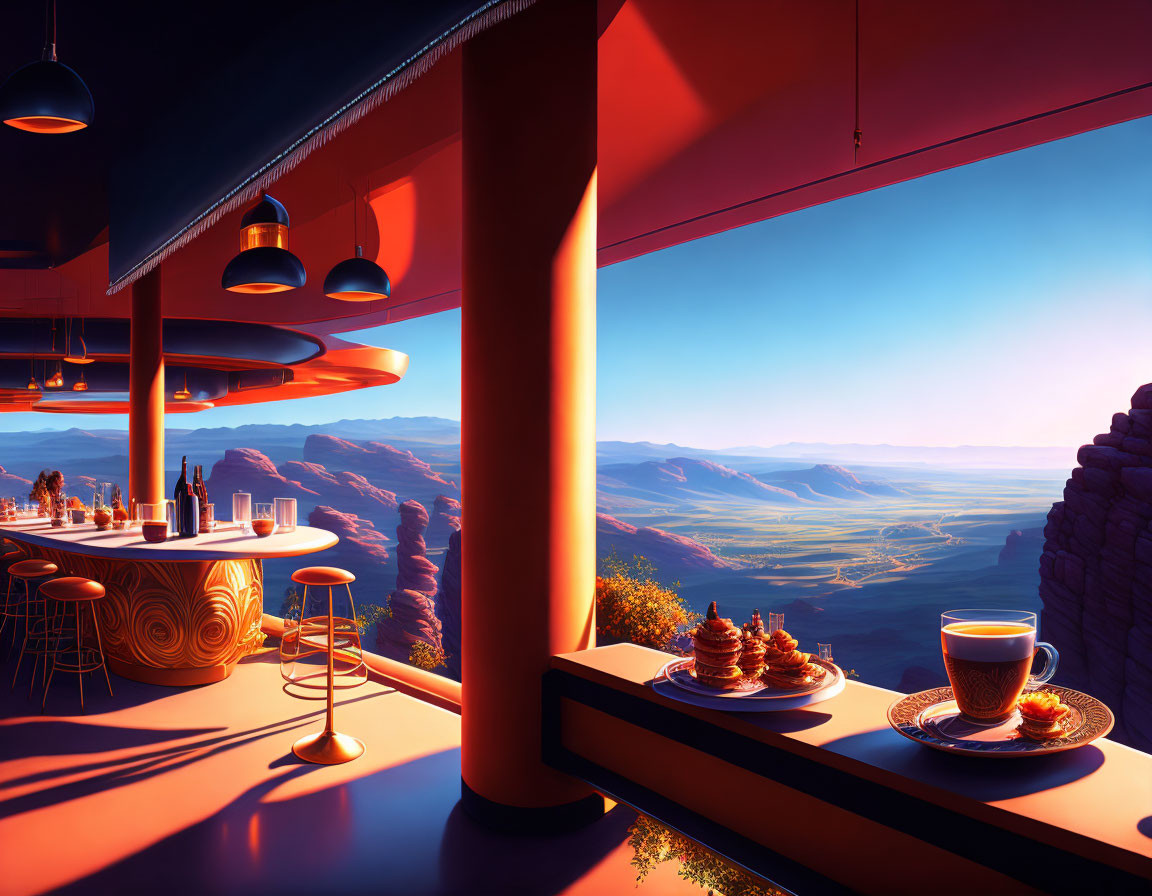 Modern bar with panoramic desert sunset view