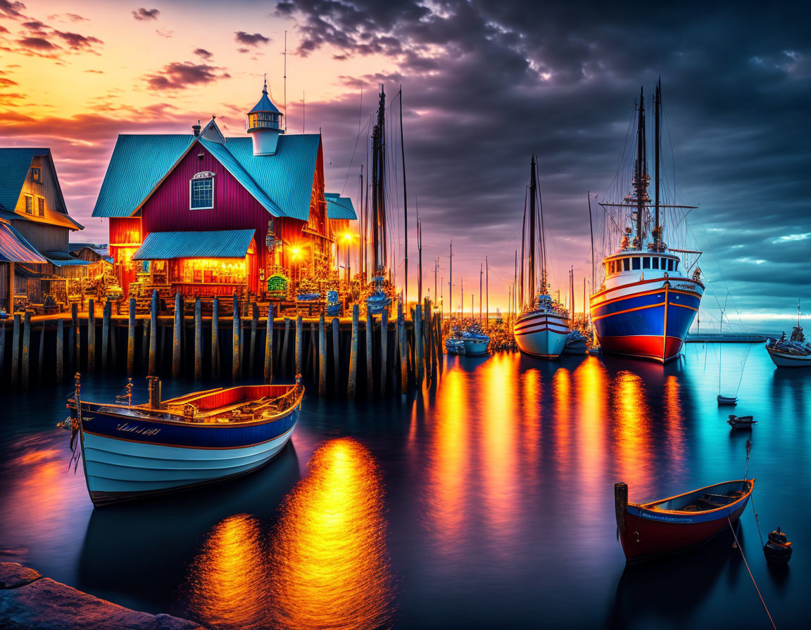 Scenic harbor at dusk with boats, red building, and dramatic sky