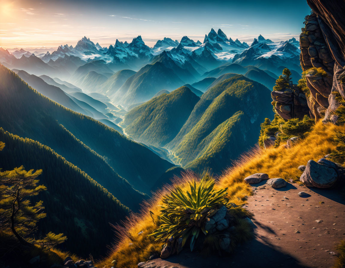 Sunlit Valley with Layered Mountains and Rocky Ledge Framed Scene