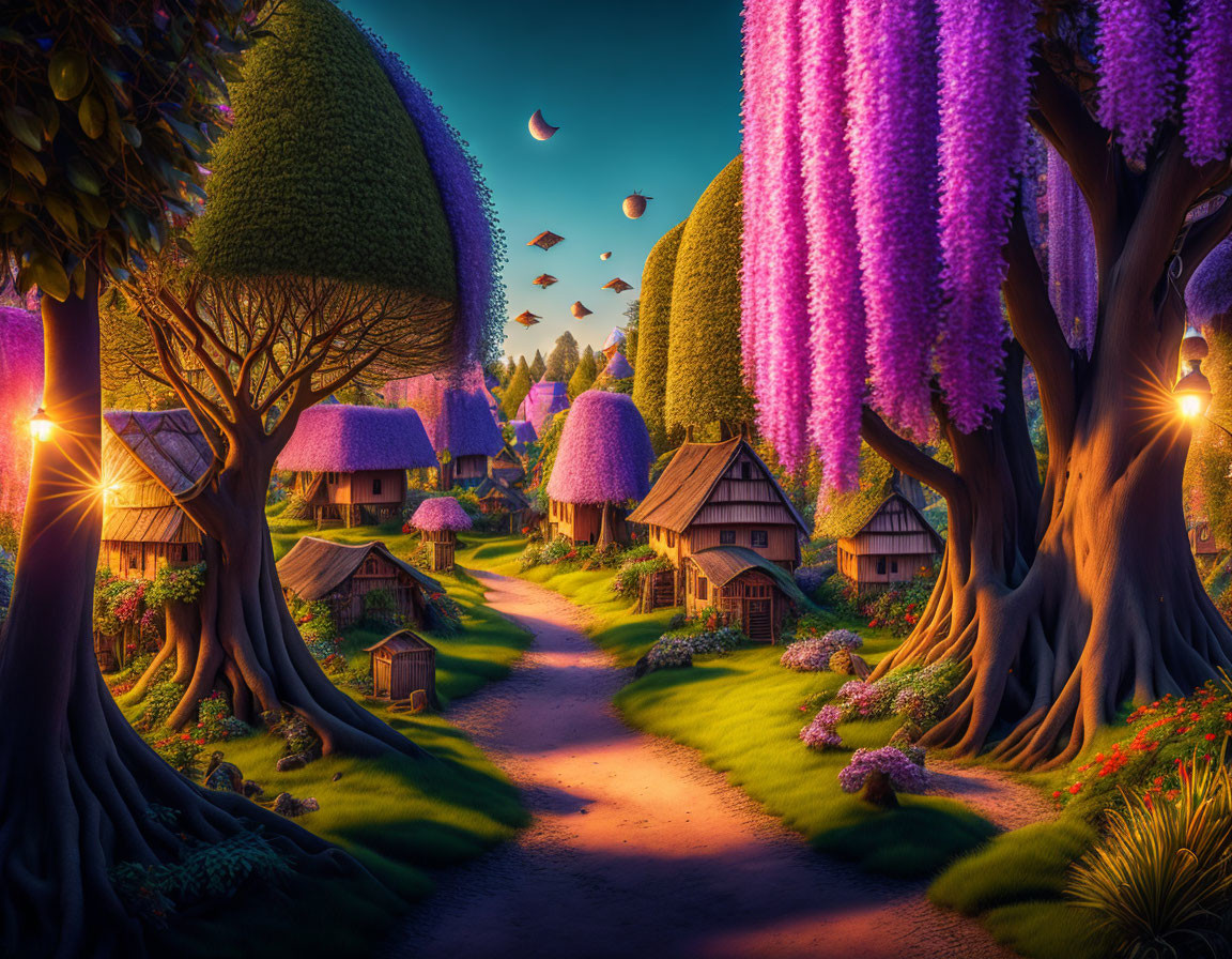 Whimsical village with thatched-roof cottages and hot air balloons