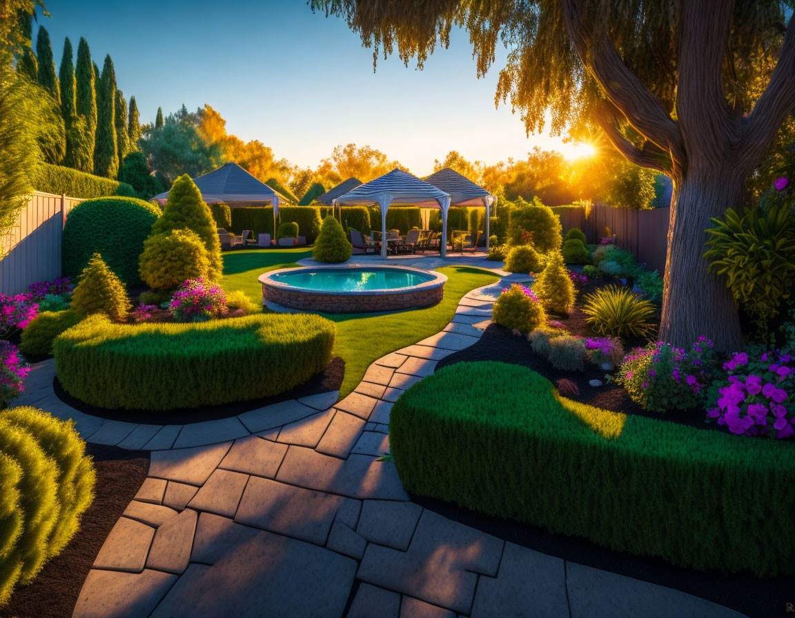 Tranquil backyard garden with hedges, flowers, stone pathway, and pool at sunset