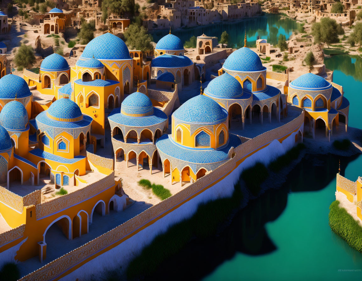 Tranquil town with terracotta buildings and blue domes by serene waterway