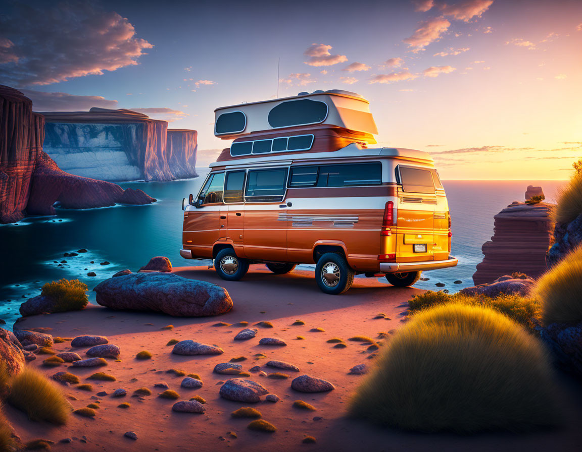 Orange camper van in desert landscape near cliffs and blue lake at sunset