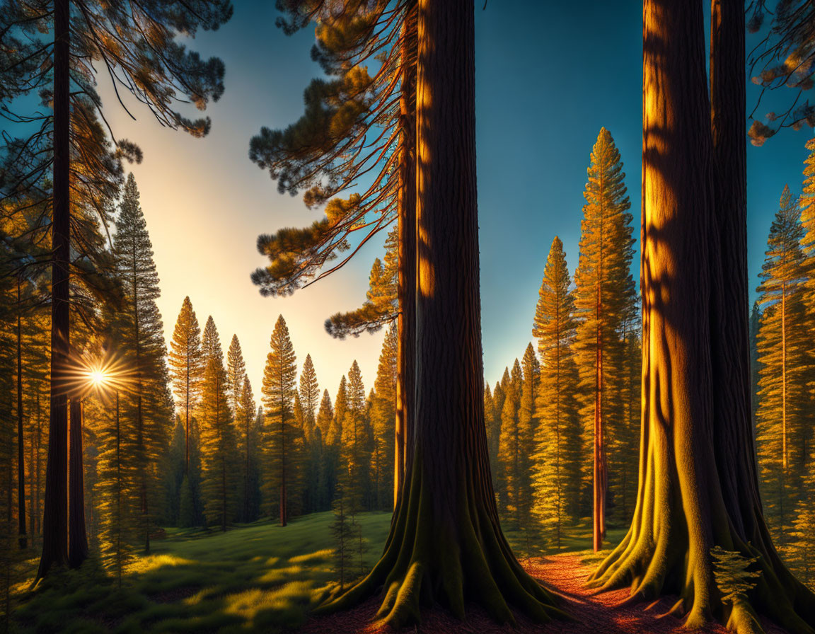 Vivid sunset in dense forest with tall pine trees